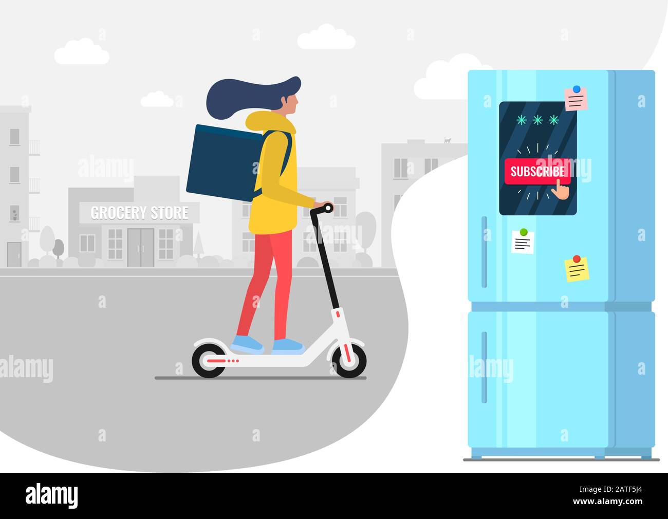 Product subscribe ordering and delivery by female on electric kick scooter service concept. Subscription online shopping goods app from supermarket. Girl shipping food from grocery store flat vector Stock Vector