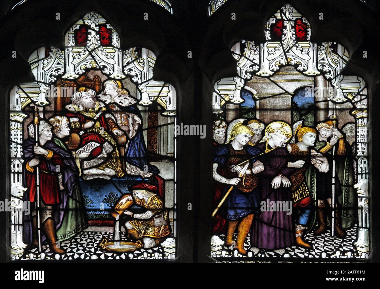 A stained glass window by C E Kempe & Co. depicting Pontius Pilate condemning Jesus to death, St Editha's Church, Church Eaton, Staffordshire Stock Photo