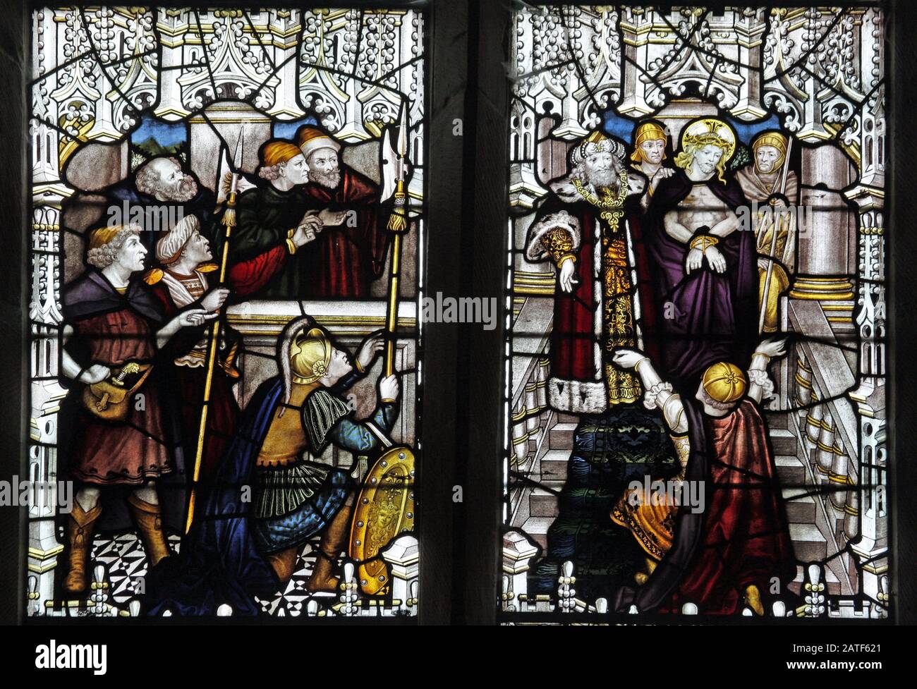 A stained glass window by C E Kempe & Co. depicting the Arrest of Jesus; Passion Scene, St Editha's Church, Church Eaton, Staffordshire Stock Photo