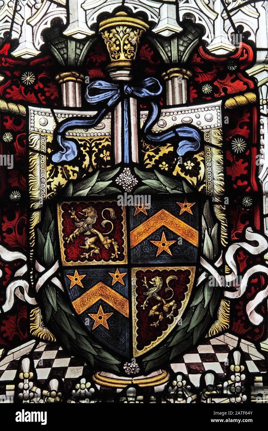 A stained glass window by C E Kempe & Co: Coat of Arms of Chetwynd-Talbot,  St Editha's Church, Church Eaton, Staffordshire Stock Photo