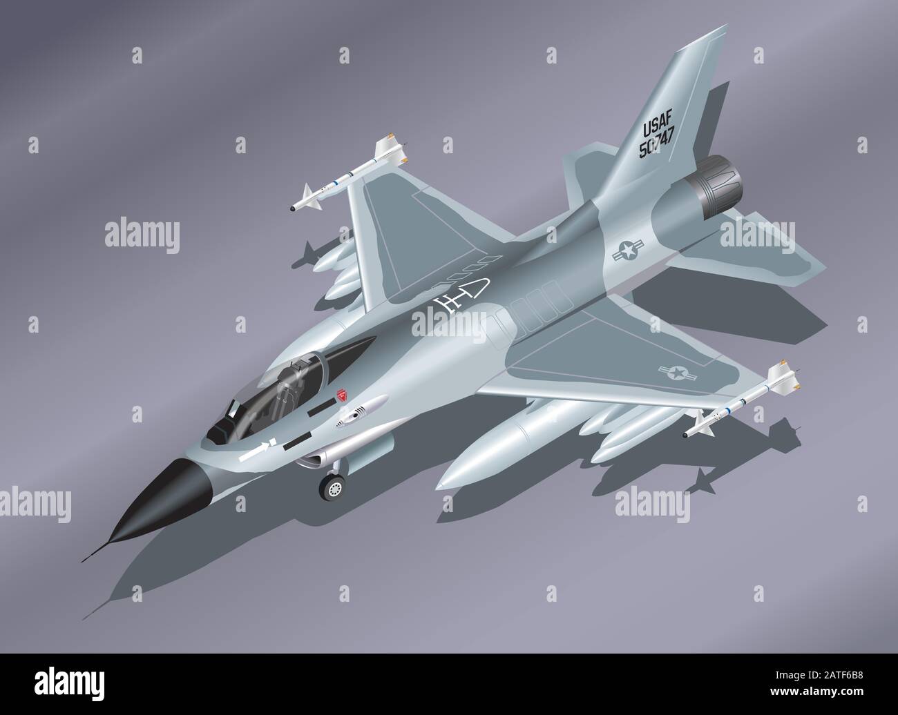 Detailed Isometric Vector Illustration of an F-16 Fighter Jet Parked on the Ground Stock Vector
