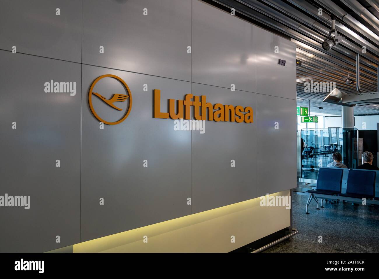 Deutsche Lufthansa AG logo in terminal in airport terminal Stock Photo