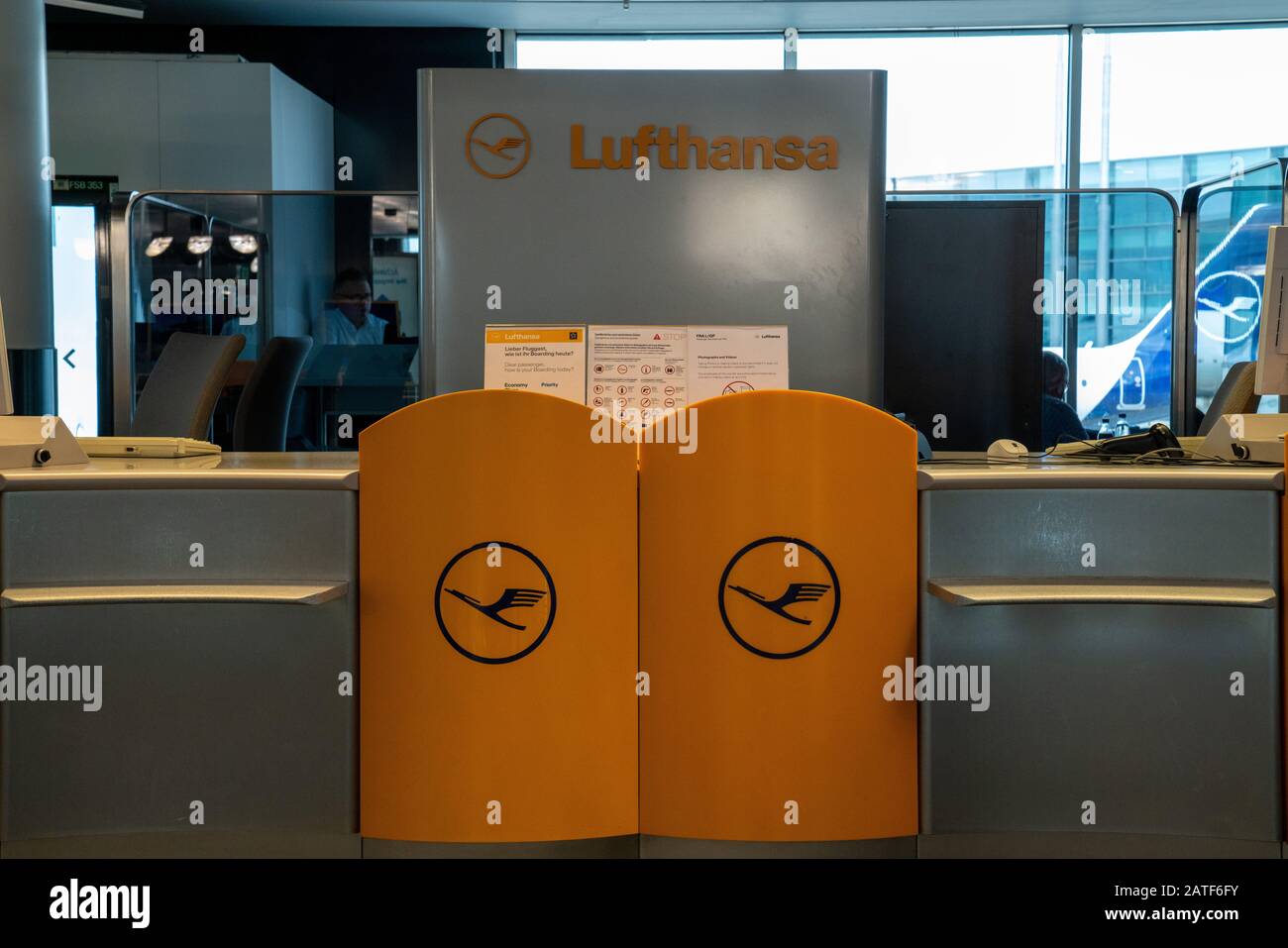 Deutsche Lufthansa AG logos at passenger check in area Stock Photo