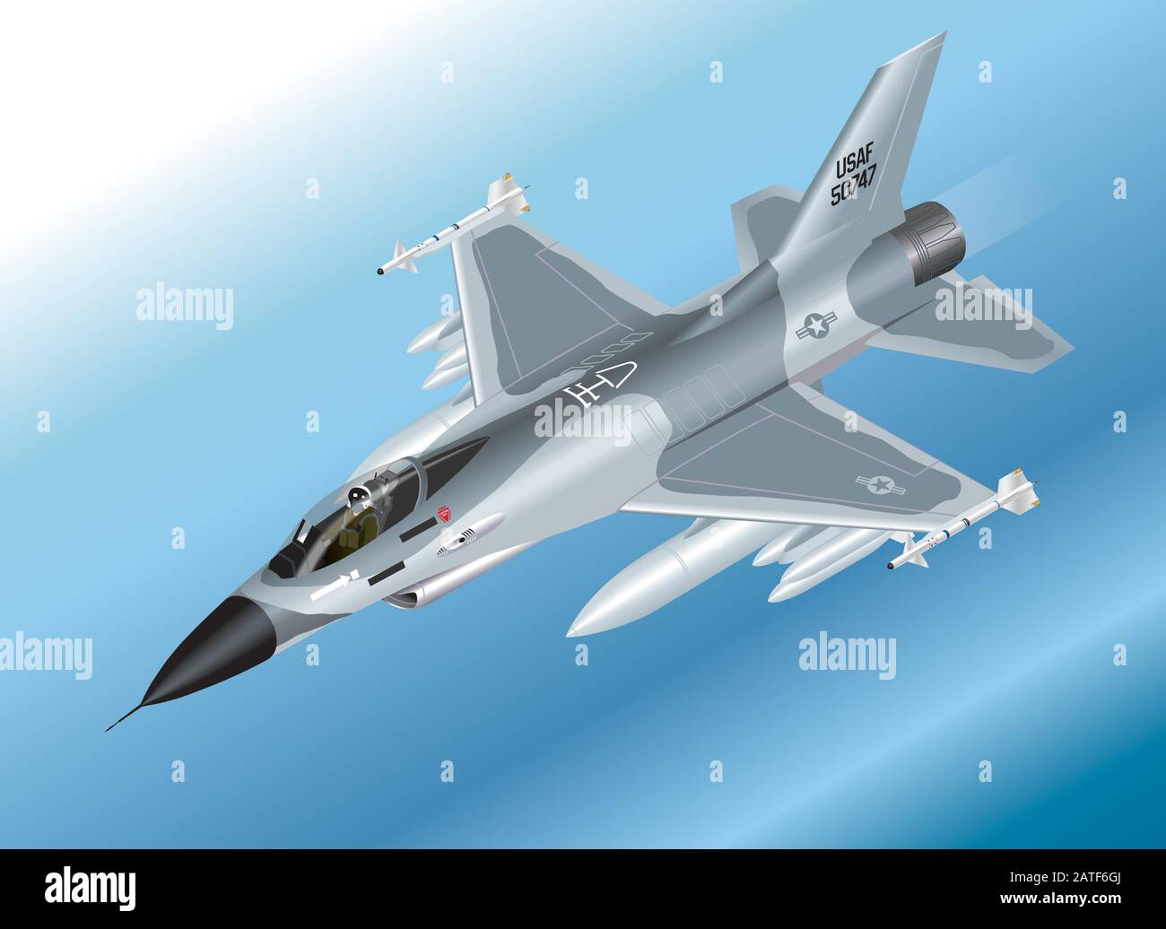 Detailed Isometric Vector Illustration of an F-16 Fighter Jet Airborne Stock Vector