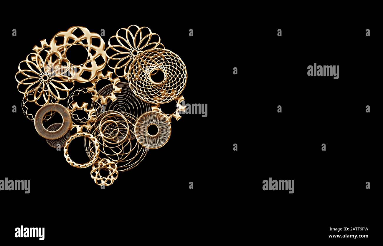 3d render golden heart made of gears and small spare parts on black ...