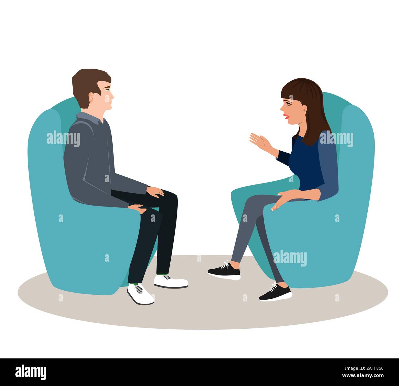 Woman and Man are seating in chairs and discussing some topic. Friends or Businessman And Businesswoman Talk, vector illustration Stock Vector