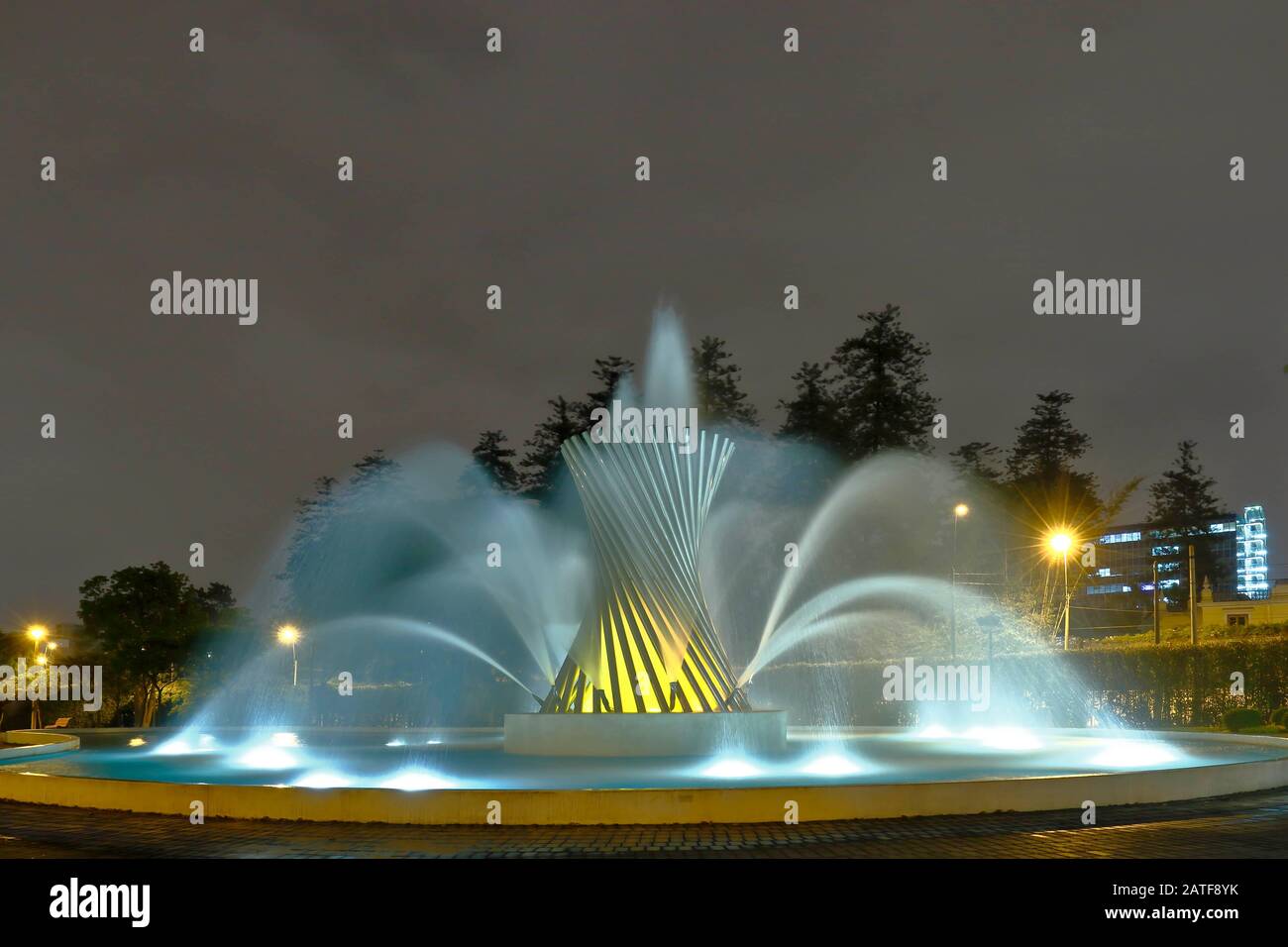 Beautiful view of a colorful water fountain, inside the magical water circuit in Lima, one of the largest existing water theme parks. Lima Peru Stock Photo