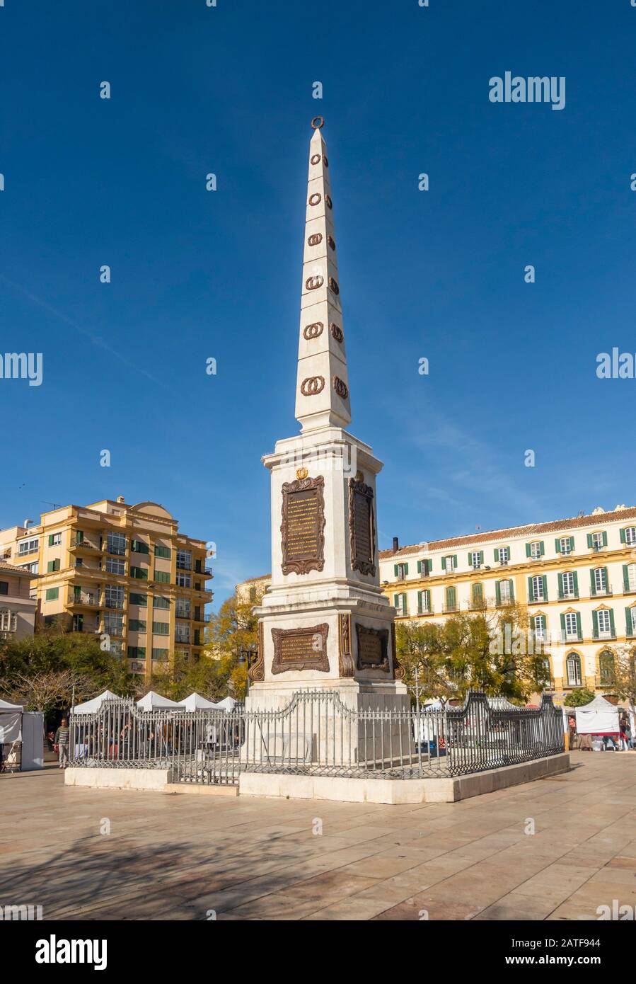 Malaga Spain. Plaza de la Merced (Mercy Square) with the Monument to Torrijos, public square, Malaga, Andalucia, Spain. Stock Photo