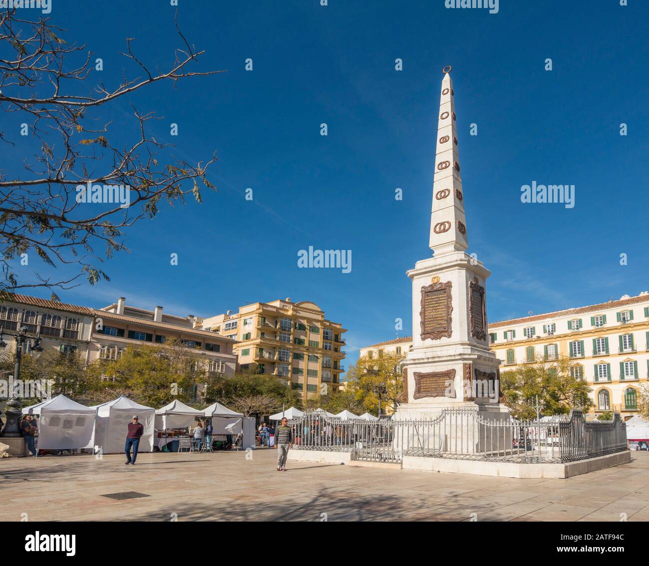 Malaga Spain. Plaza de la Merced (Mercy Square) with the Monument to Torrijos, public square, Malaga, Andalucia, Spain. Stock Photo