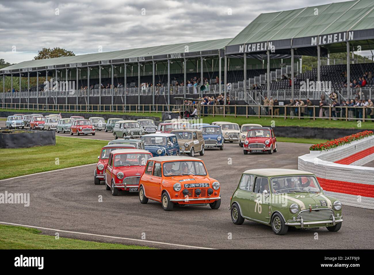 Goodwood revival massive parade of minis on the first day. Stock Photo