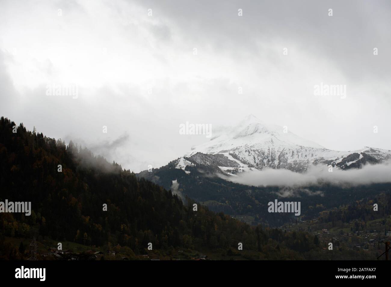 France, Haute-Savoie (74), Alps, Mont Joly with fog and clouds, first snow Stock Photo