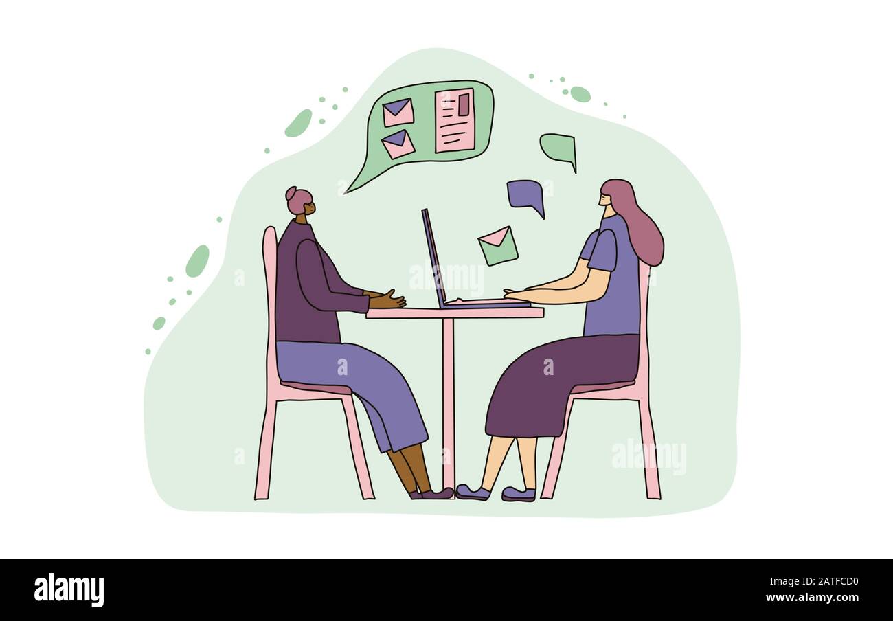 Mentoring concept. Colleagues sitting at the desk and working. Young persons  talking about career. Two female coworkers discussing about skills devel Stock Vector