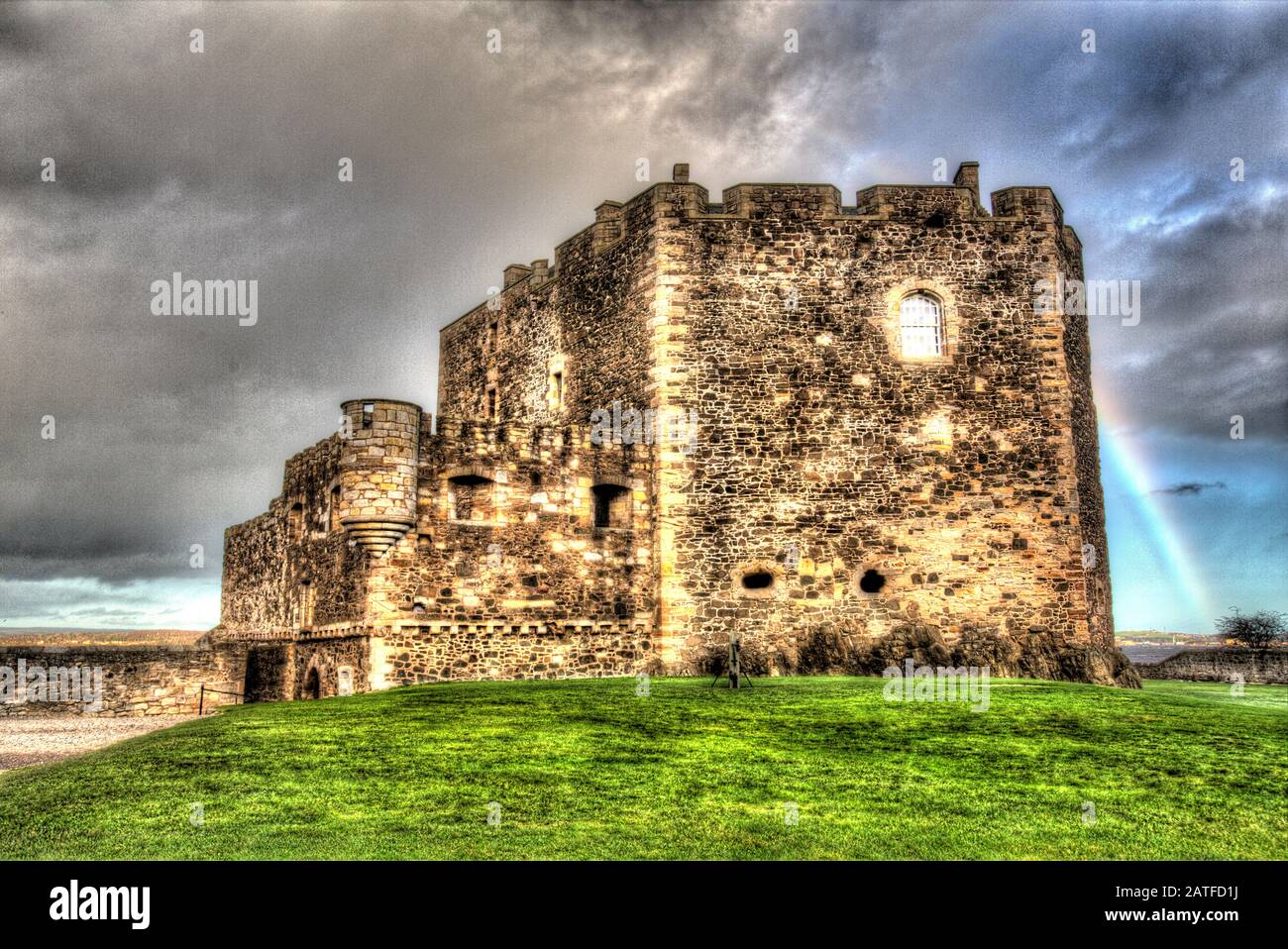 Blackness Castle, Blackness, Scotland. Artistic view of the historic Blackness Castle with a rainbow in the background. Stock Photo