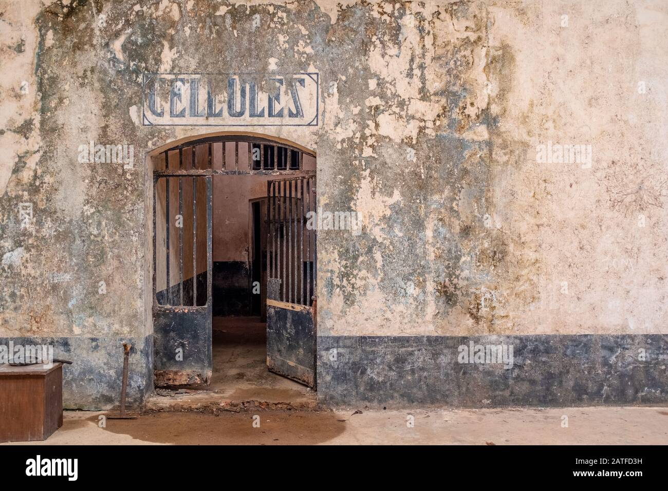 Entrance to the cells of an abandoned penal colony or jail on Salvation's Islands, taken on an overcast day with no people, French Guiana Stock Photo