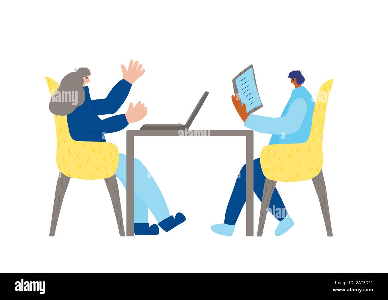Coworking concept. Two persons sitting in the chair and talking about stratagy. Attractive collegues having a couch session. Mentor and student. Vecto Stock Vector