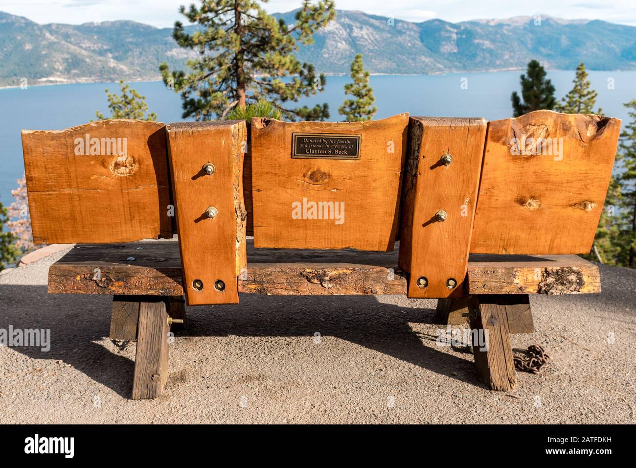 A bench overlooking Lake Tahoe on the Stateline Fire Lookout Trailhead near Crystal Bay, Lake Tahoe Stock Photo