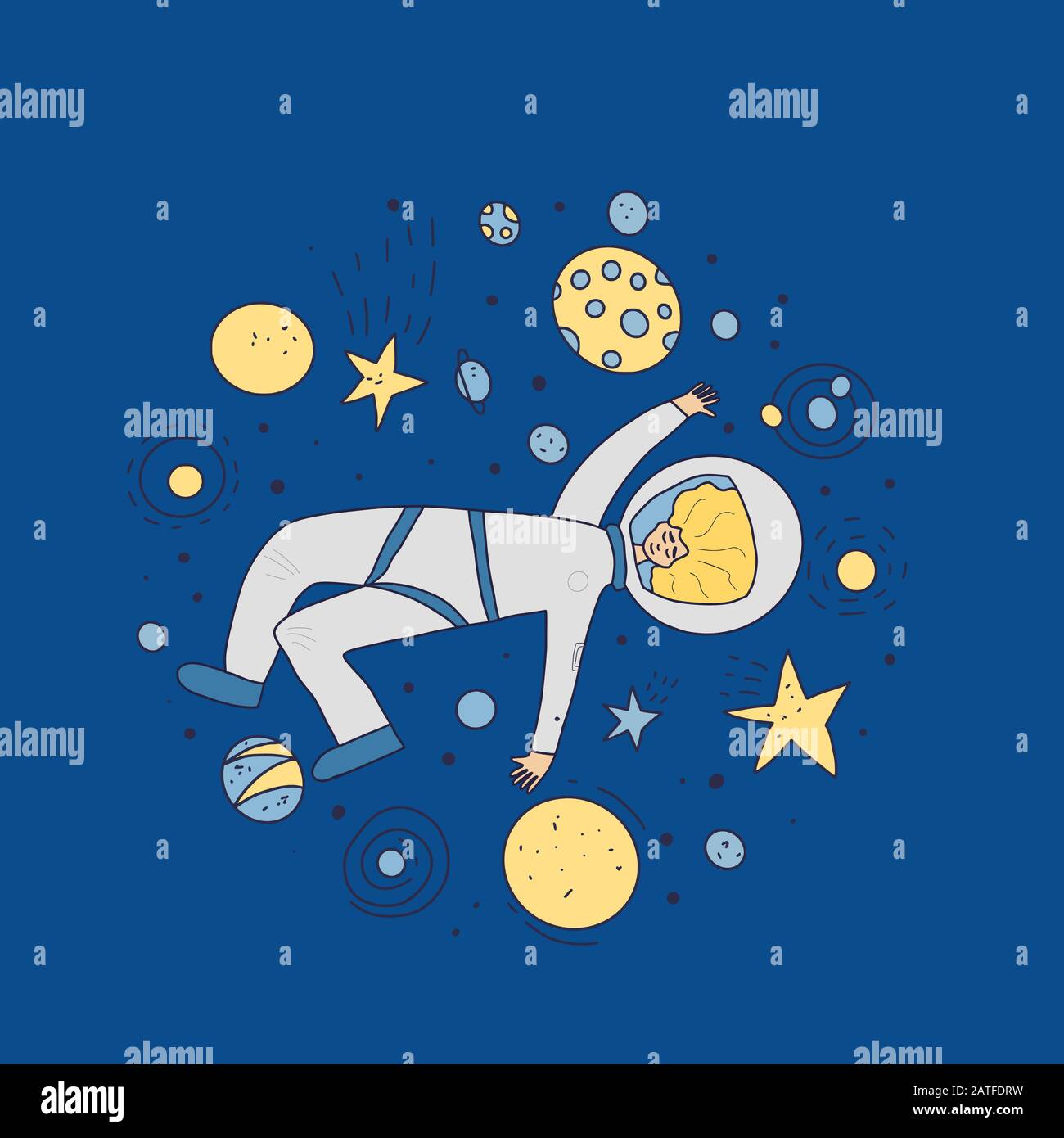 Female astronaut dressed in helmet. Young woman wearing an spacesuit floating in universe. spacewoman surrounded a stars. cirlce composition. Vector i Stock Vector