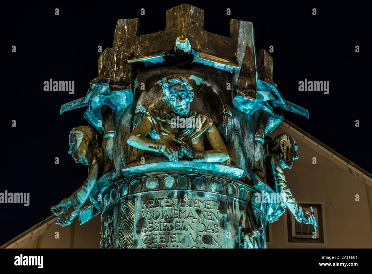 Hechingen, Baden-Württemberg, Germany, September 14, 2019, Night shot of the illuminated fountain on the market place in front of the town hall in Hec Stock Photo