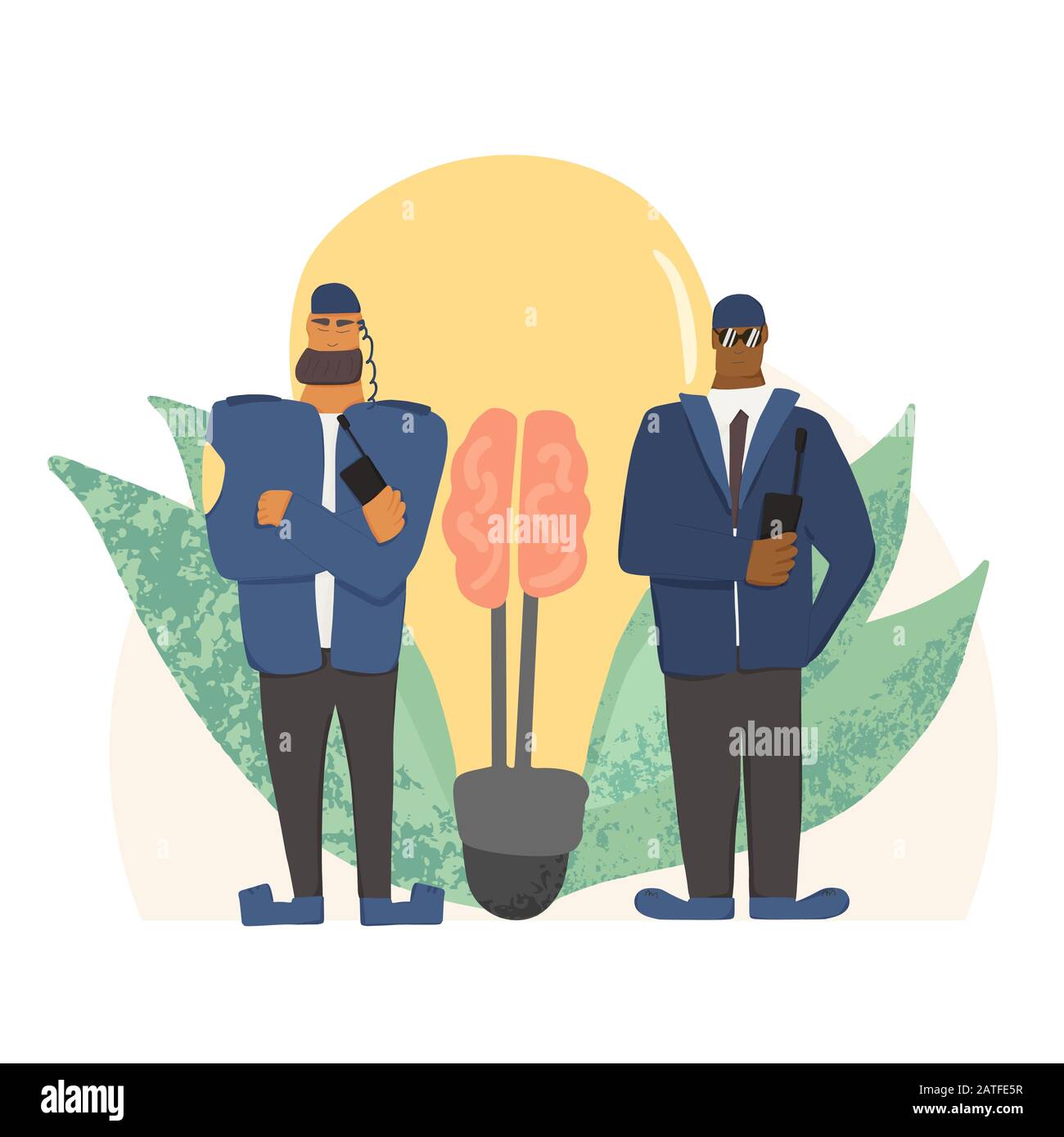 Creative idea saving. Security guards standing with arms crossed.Two men wearing in a guards uniform protecting idea of copyright from plagiarism. Peo Stock Vector