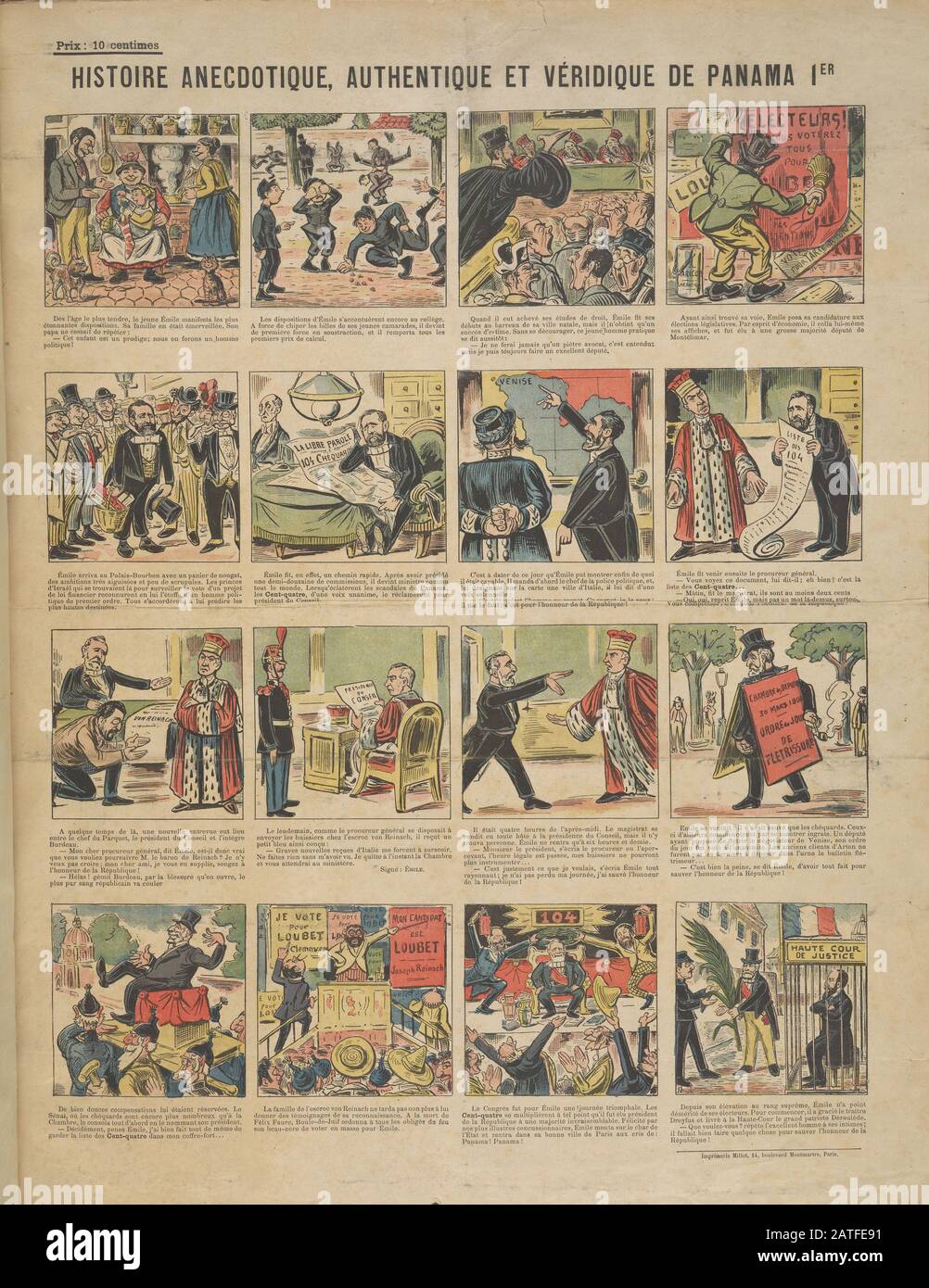 Histoire Anecdotique Authentique et Véridique de Panama - 1900 - Series of cartoons relating to the Panama scandals of 1892-1893 which sparked a wave of anti-Semitism in France that paved the way for the Dreyfus Affair. Hand colored. Stock Photo
