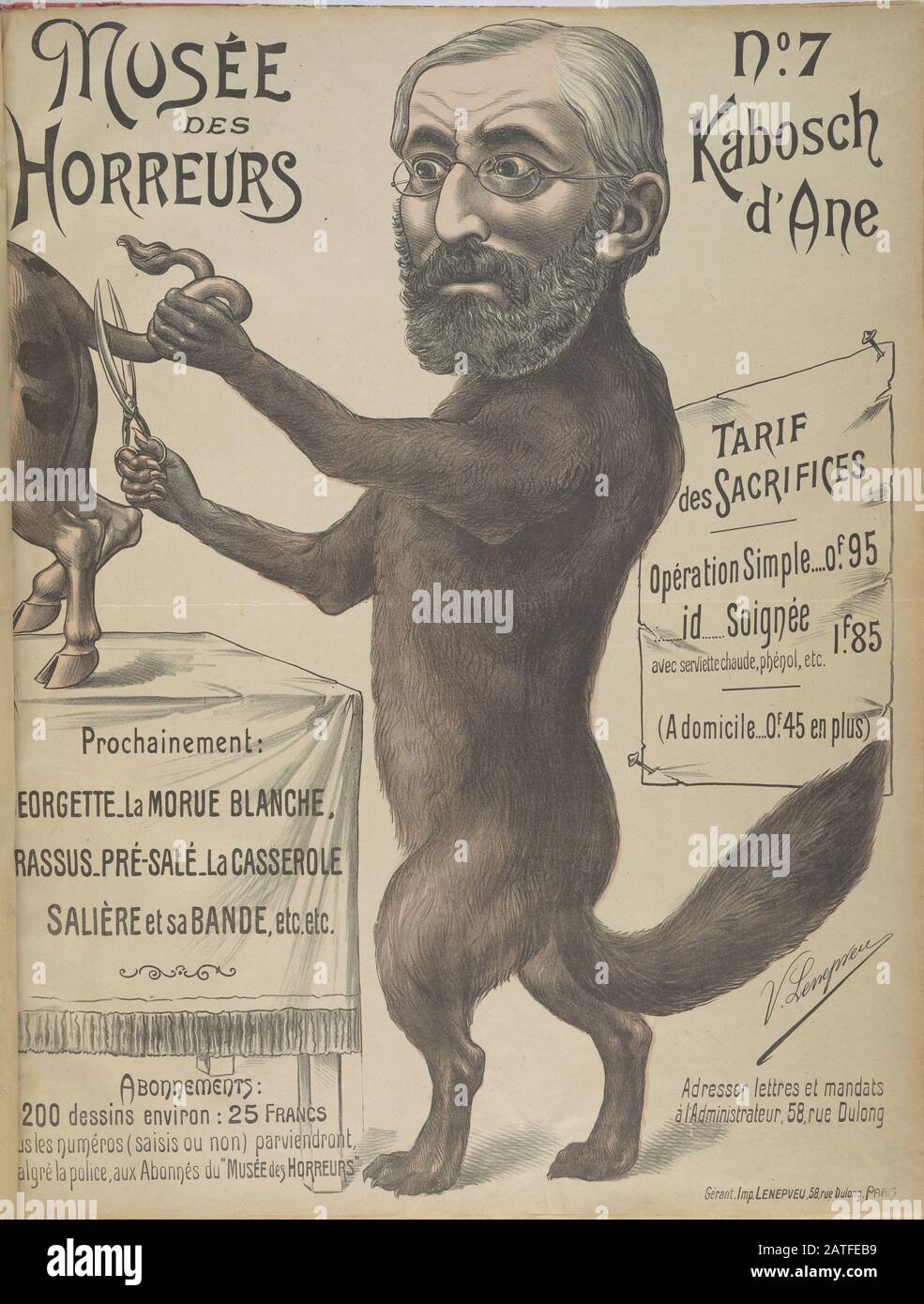 Musée des Horreurs -  No. 7 Kabosch d'Ane  -  1899  -  Lenepveu, V.  -  Caricature of Zadoc Kahn (1839-1905) as a wolf (or fox?) cutting the tail of a cow. Kahn was Alsatian-French rabbi and chief rabbi of France during the Dreyfus Affair. Hand colored. Stock Photo