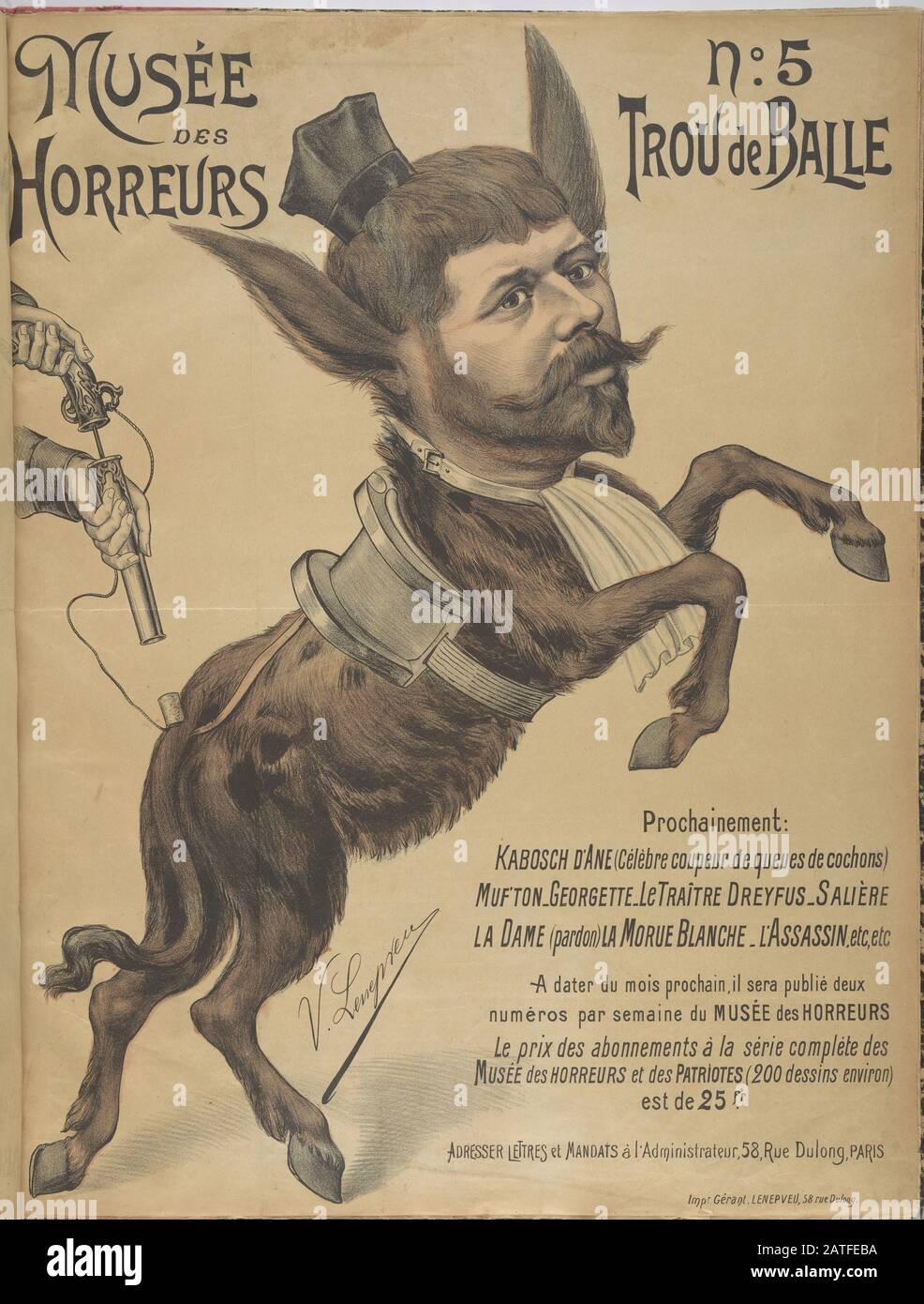 Musée des Horreurs - No. 5 Trou de Balle  -  1899  -  Lenepveu, V.  -  Caricature of Fernand Labori (1860-1917) with a clerical cap and collar, and the body of a donkey. Labori was Dreyfus' defense lawyer. Hand colored. Stock Photo