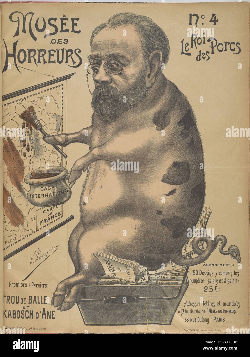 Musée des Horreurs - No. 4 Le Roi des Porcs  - 1899   -  Lenepveu, V.     -  Caricature of writer Émile Zola (1840-1902) as a pig, captioned 'King of Pigs,' sitting on a stack of his novels and painting excrement over the map of France. Zola helped expose the framing of Dreyfus in J'accuse, an open letter published in the Paris newspaper L'Aurore on January 13, 1898. Hand colored. Stock Photo