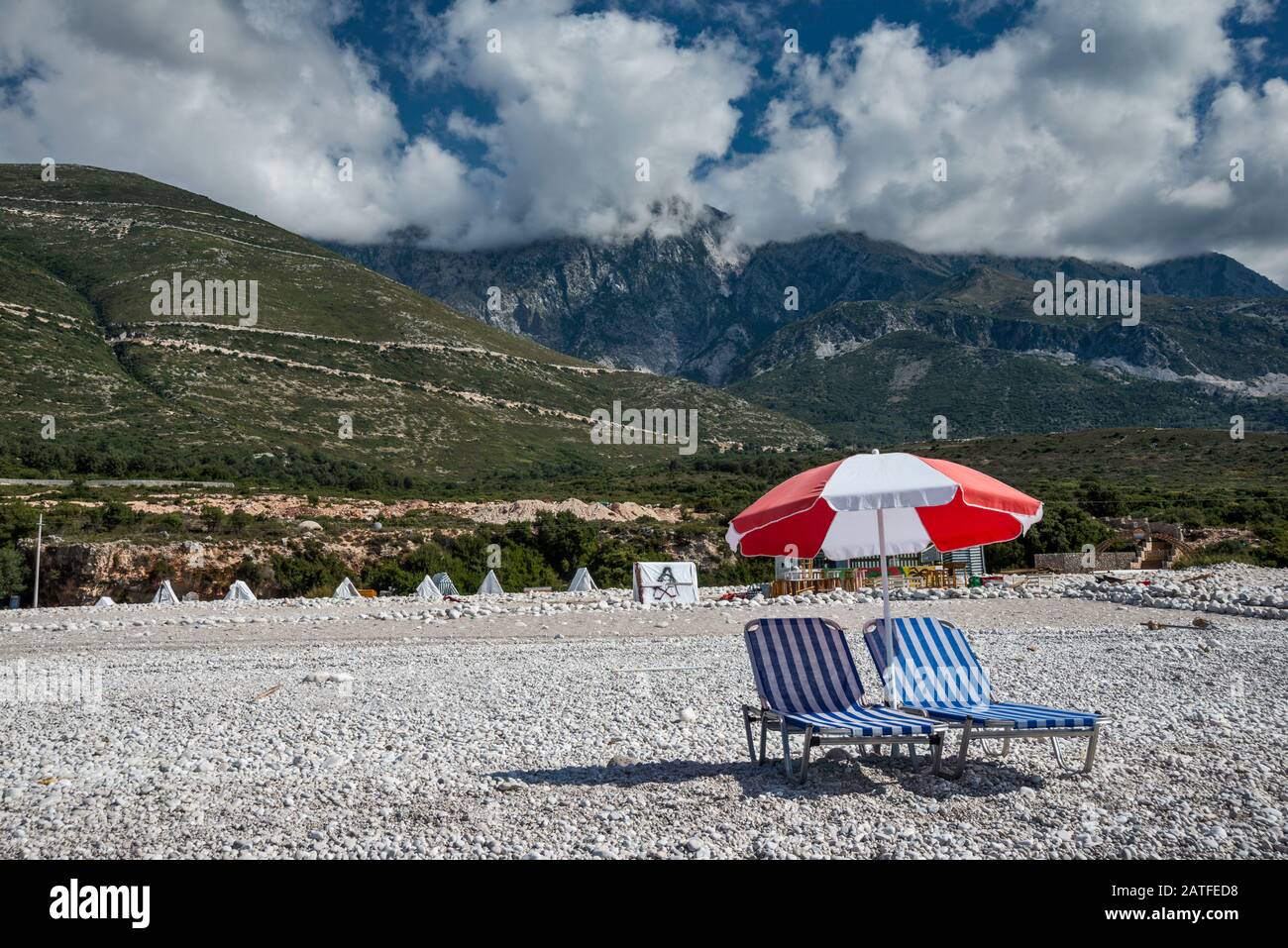 Beach at Ionian Sea near village of Palasa (Palase), below Llogara (Llogarase, Llogaraja) Pass, Cikes massif, Albanian Riviera, Albania Stock Photo