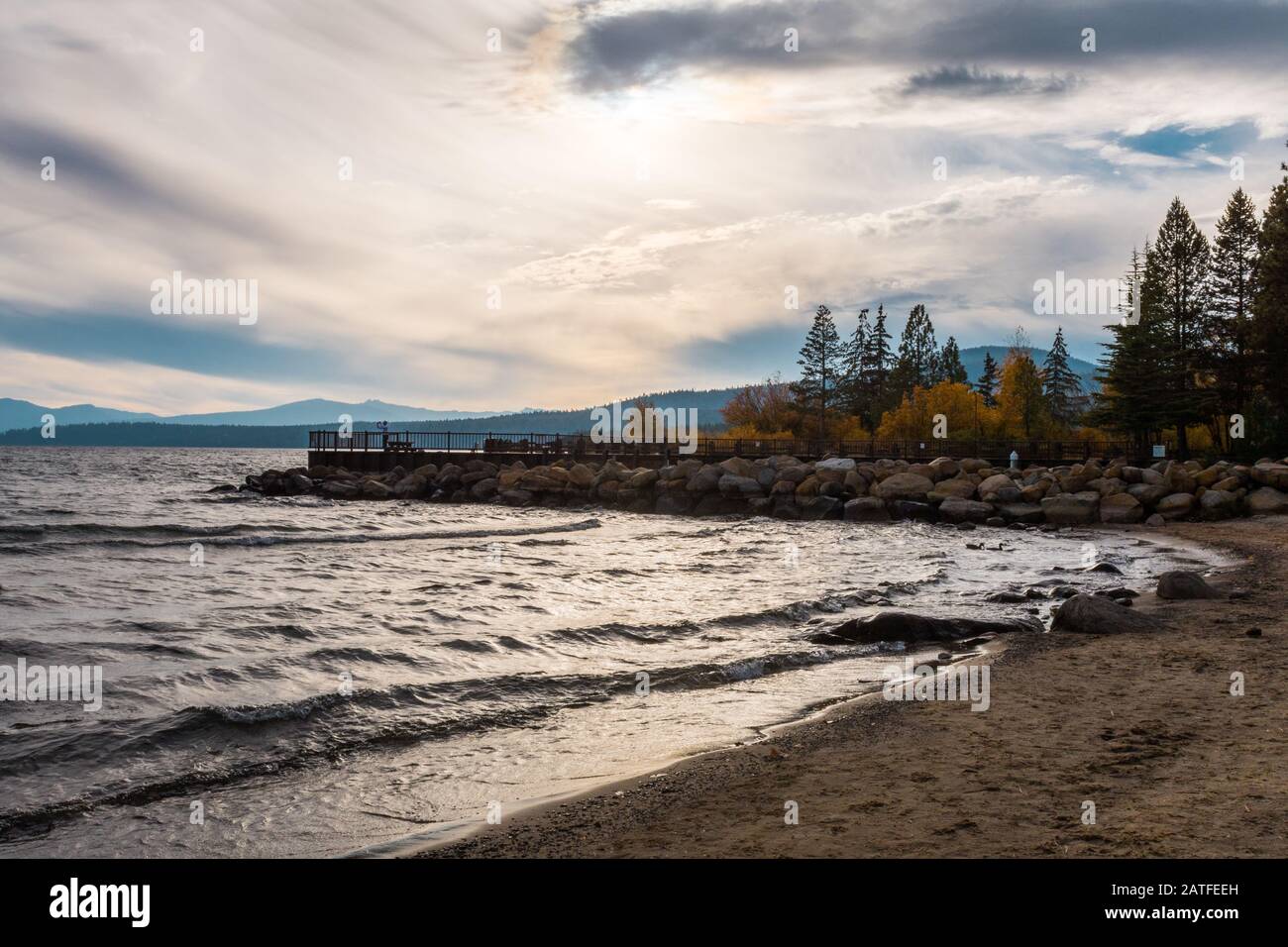 Sunset over the Tahoe Vista Recreation Area and Boat Launch Stock Photo