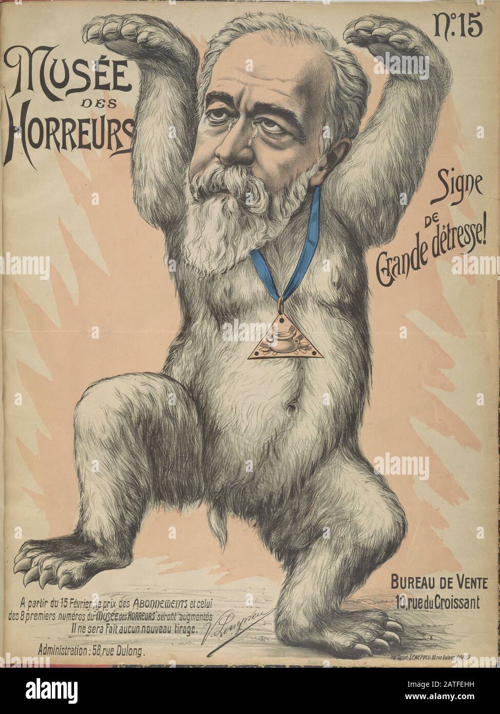 Musée des Horreurs -  No. 15 Signe de Grande détresse!  -  1899  -  Lenepveu, V.  -  Caricature of Henri Brisson (1835-1912) as an ape wearing a necklace. Brisson was a two-time Prime Minister of France and formed a cabinet during the Dreyfus Affair. His ministry was overthrown in October of 1898. Brisson was a supporter of Dreyfus and helped to secure his re-trial. Hand colored. Stock Photo