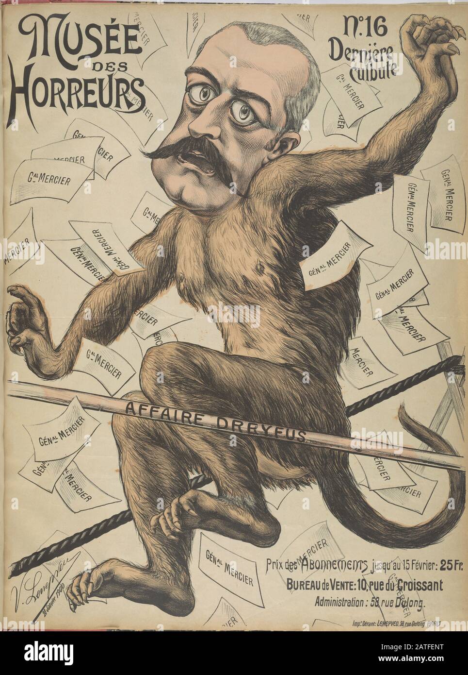 Musée des Horreurs -  No. 16 Derniére Culbute  -  1899  -  Lenepveu, V. -  Caricature of Pierre Waldeck-Rousseau (1846-1904) as a monkey performing tricks on a high wire. Waldeck-Rousseau was appointed by President Émile Loubet to head a cabinet in 1899 at the height of the Dreyfus Affair. He served as Prime Minister of France from 1899 to 1902 and eventually granted Dreyfus a pardon and general amnesty. Hand colored. Stock Photo