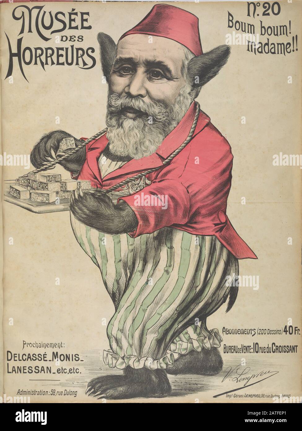 Musée des Horreurs -  No. 20 Boum boum! madame!!  -  1899  -  Lenepveu, V.  -  Caricature of Émile Loubet (1838-1929) as a creature in a clown costume selling matches. Loubet became President of France in 1899 and promoted Dreyfus' innocence, eventually remitting Dreyfus' 10-year imprisonment sentence. Hand colored. Stock Photo
