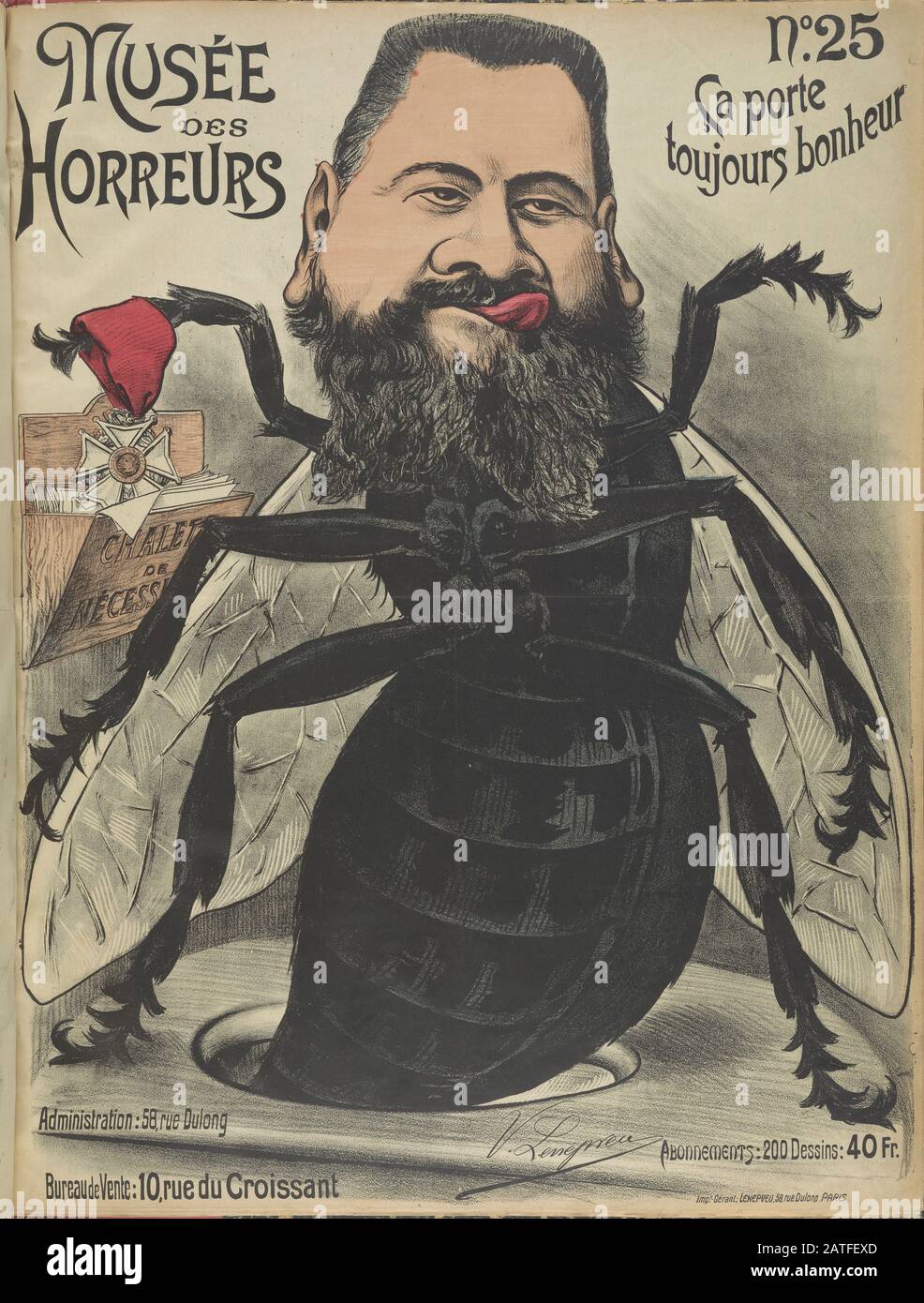 Musée des Horreurs -  No. 25 Ça porte toujours bonheur  -  1899  -  Lenepveu, V.  -  Caricature of Daniel Wilson (1840-1919) as a fly licking his lips and taking a medal from a box of papers. Wilson was the son-in-law of Jules Grévy, President of France (1879-1887). Prior to the Dreyfus Affair, Wilson was accused of using his position to traffick in the awards of the Legion of Honour, which prompted President Grévy's resignation in 1887. Hand colored. Stock Photo