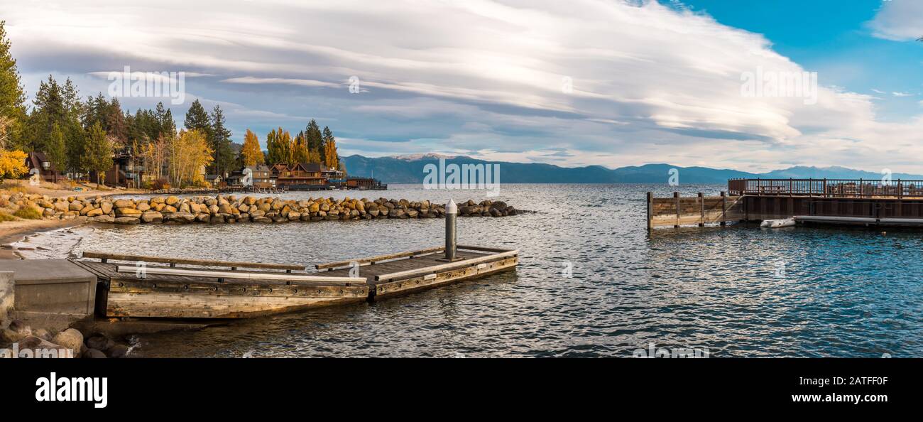 Panoramic view of the houses and docks on the shores of Lake Tahoe from Tahoe Vista Stock Photo