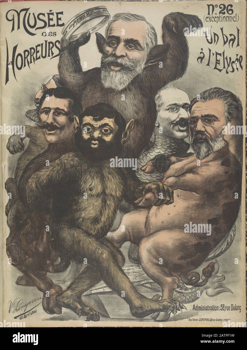 Musée des Horreurs - No. 26 Un bal à l'Elysée - 1899 - Lenepveu, V. -  Caricatures of several prominent figures in the Dreyfus Affair as animals  dancing together at a ball