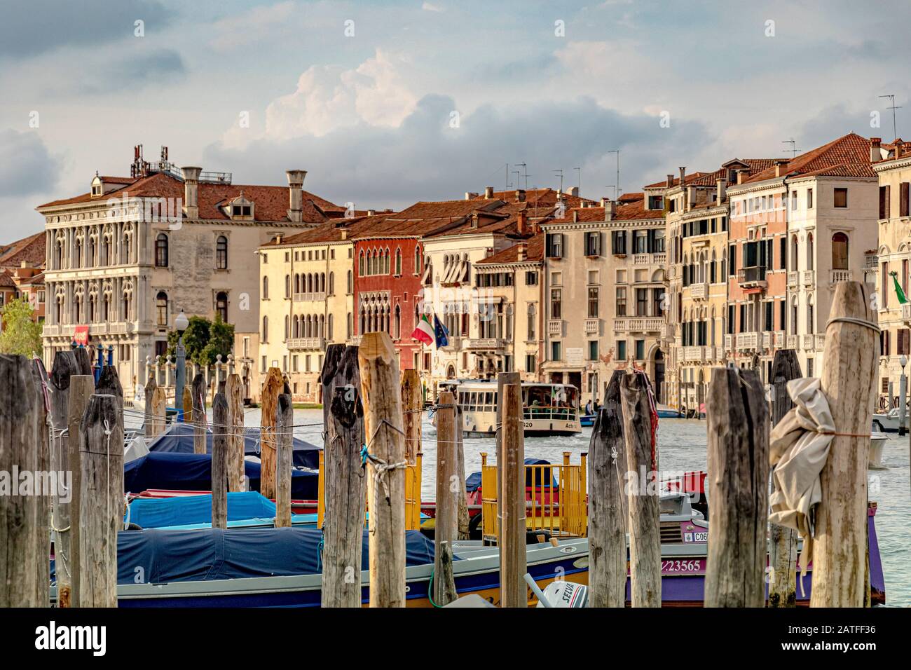 Wooden mooring poles along the Grand Canal in Venice ,Italy Stock Photo