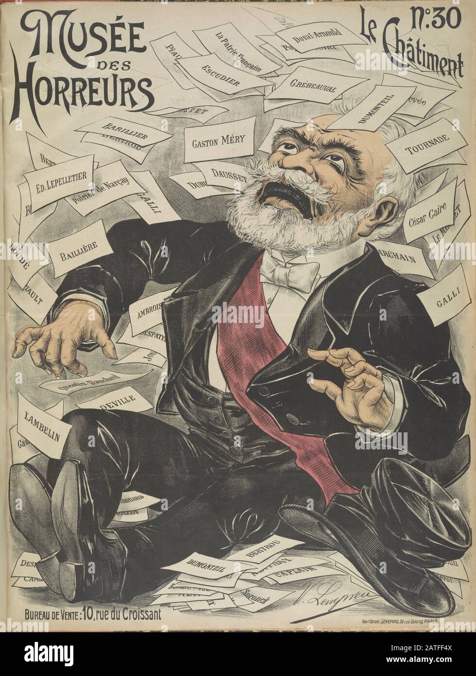 Musée des Horreurs -  No. 30 Le Châtiment  -  1899  -  Lenepveu, V.  -  Caricature of Émile Loubet (1838-1929) being snowed under with namecards. Loubet became President of France in 1899 and promoted Dreyfus' innocence, eventually remitting Dreyfus' 10-year imprisonment sentence. Hand colored. Stock Photo