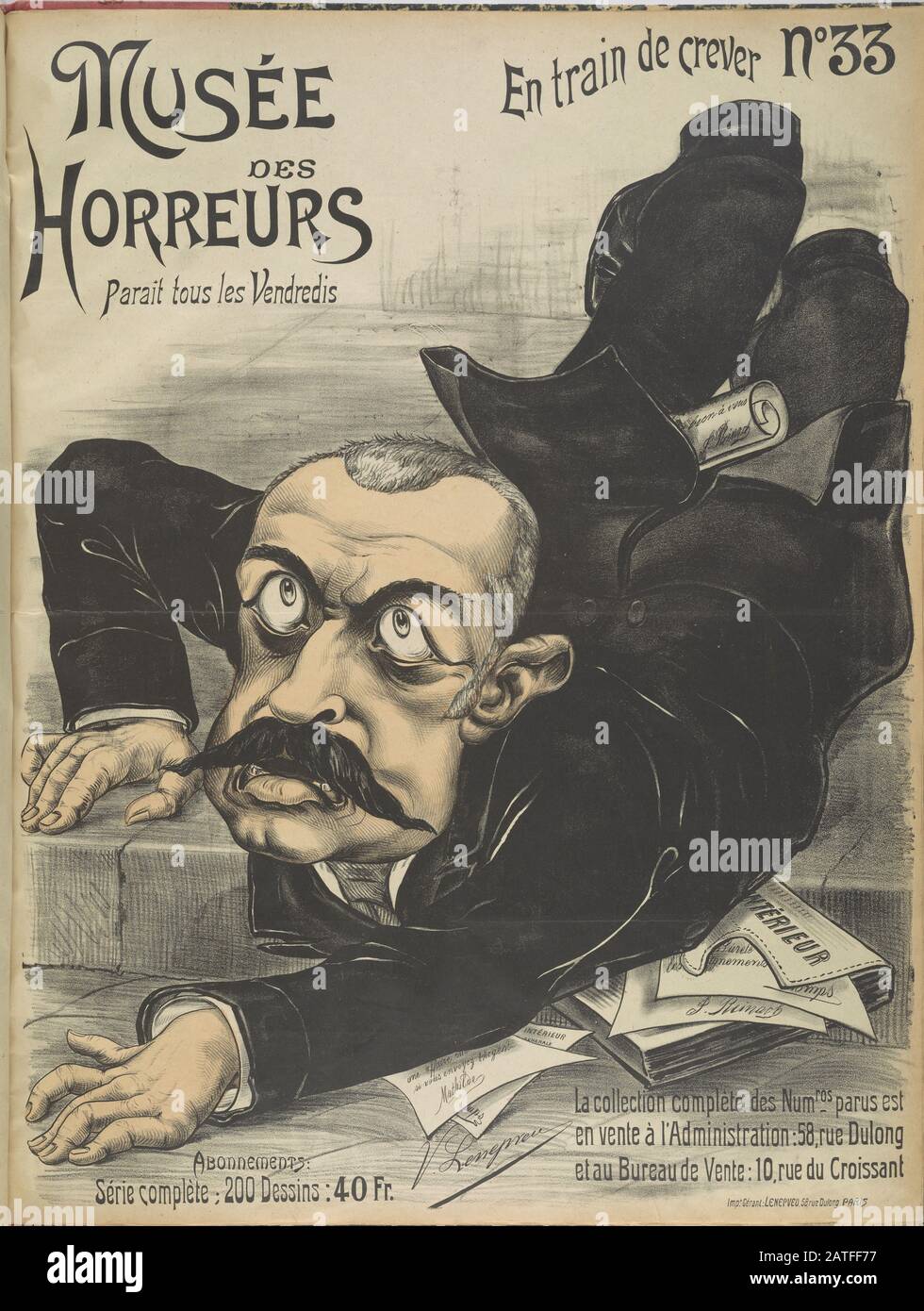 Musée des Horreurs -  No. 33 En Train de Crever   -  1899  -  Lenepveu, V.  - Caricature of Pierre Waldeck-Rousseau (1846-1904) falling down a flight of stairs. Waldeck-Rousseau was appointed by President Émile Loubet to head a cabinet in 1899 at the height of the Dreyfus Affair. He served as Prime Minister of France from 1899 to 1902 and eventually granted Dreyfus a pardon and general amnesty. Hand colored. Stock Photo