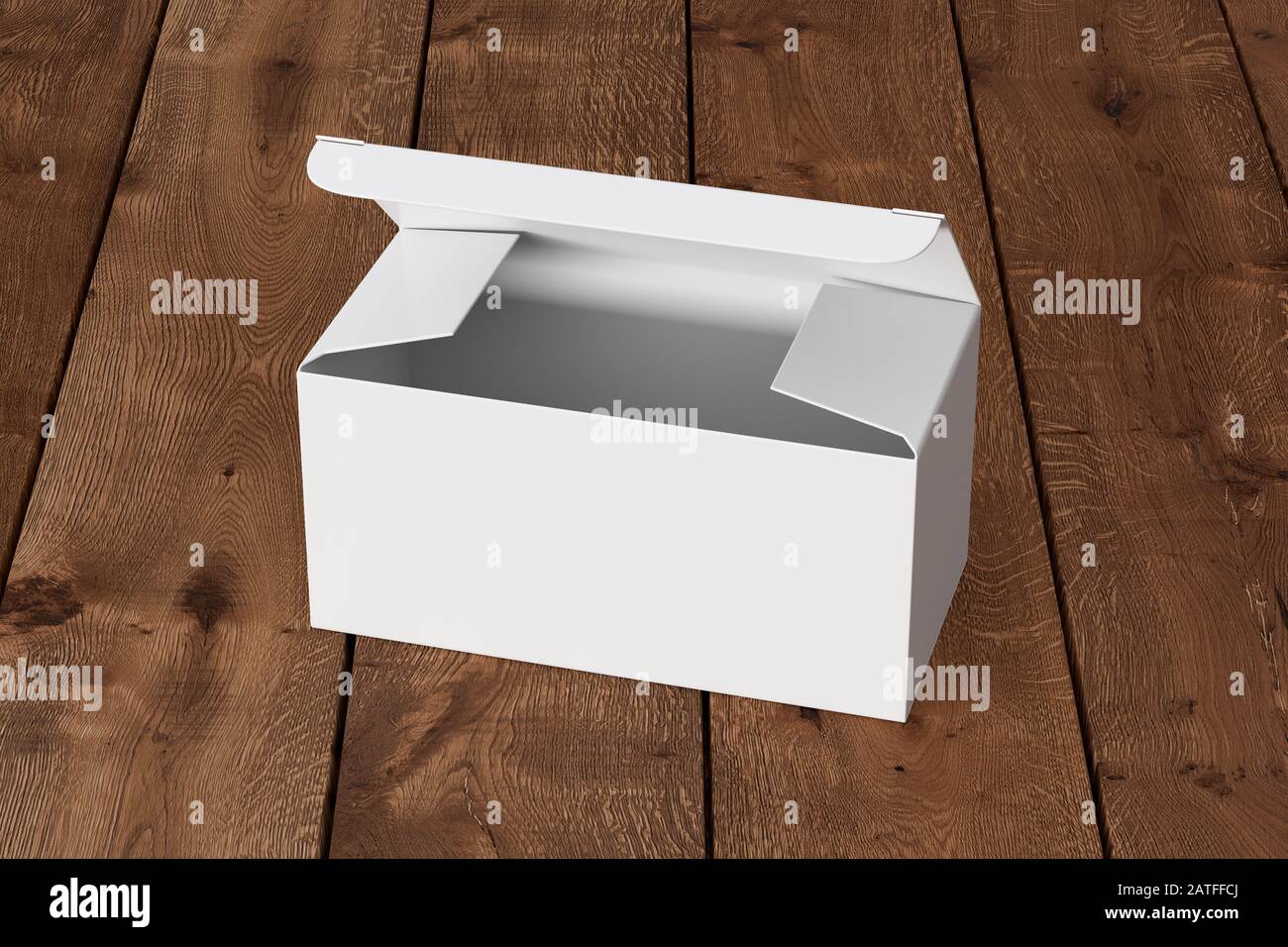 Blank white wide box with opened hinged flap lid on dark wooden ...