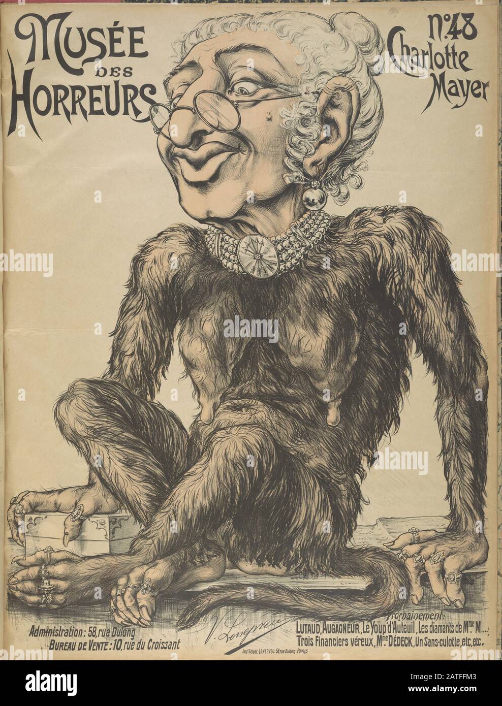 Musée des Horreurs -  No. 48 Charlotte Mayer  -  1900  -  Lenepveu, V.  -  Caricature of Charlotte de Rothschild (1825-1899) as an old monkey wearing jewelry. Charlotte was a member of the prominent Rothschild family of Jewish financiers that became easy targets for anti-semitic outrage during the Dreyfus Affair even though they had little or no direct involvement. Hand colored. Stock Photo