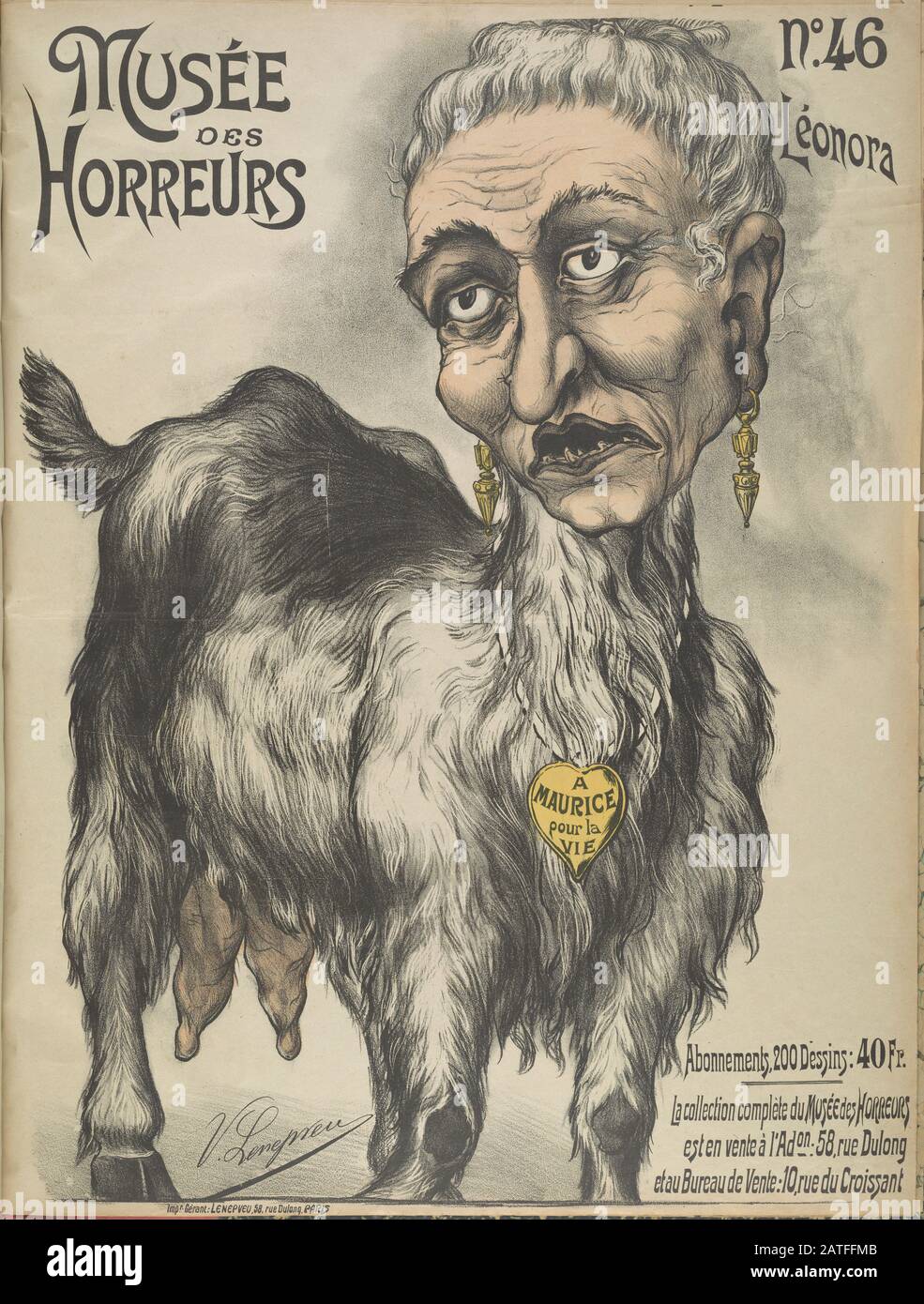 Musée des Horreurs -  No. 46 Léonora  -  1900  -  Lenepveu, V.  -  Caricature of Leonora Laure Rothschild (1837-1911) as an old goat with a locket around her neck. Leonora was the wife and cousin of Alphonse de Rothschild--all members of the prominent Rothschild family of Jewish financiers that became easy targets for anti-semitic outrage during the Dreyfus Affair even though they had little or no direct involvement. Hand colored. Stock Photo