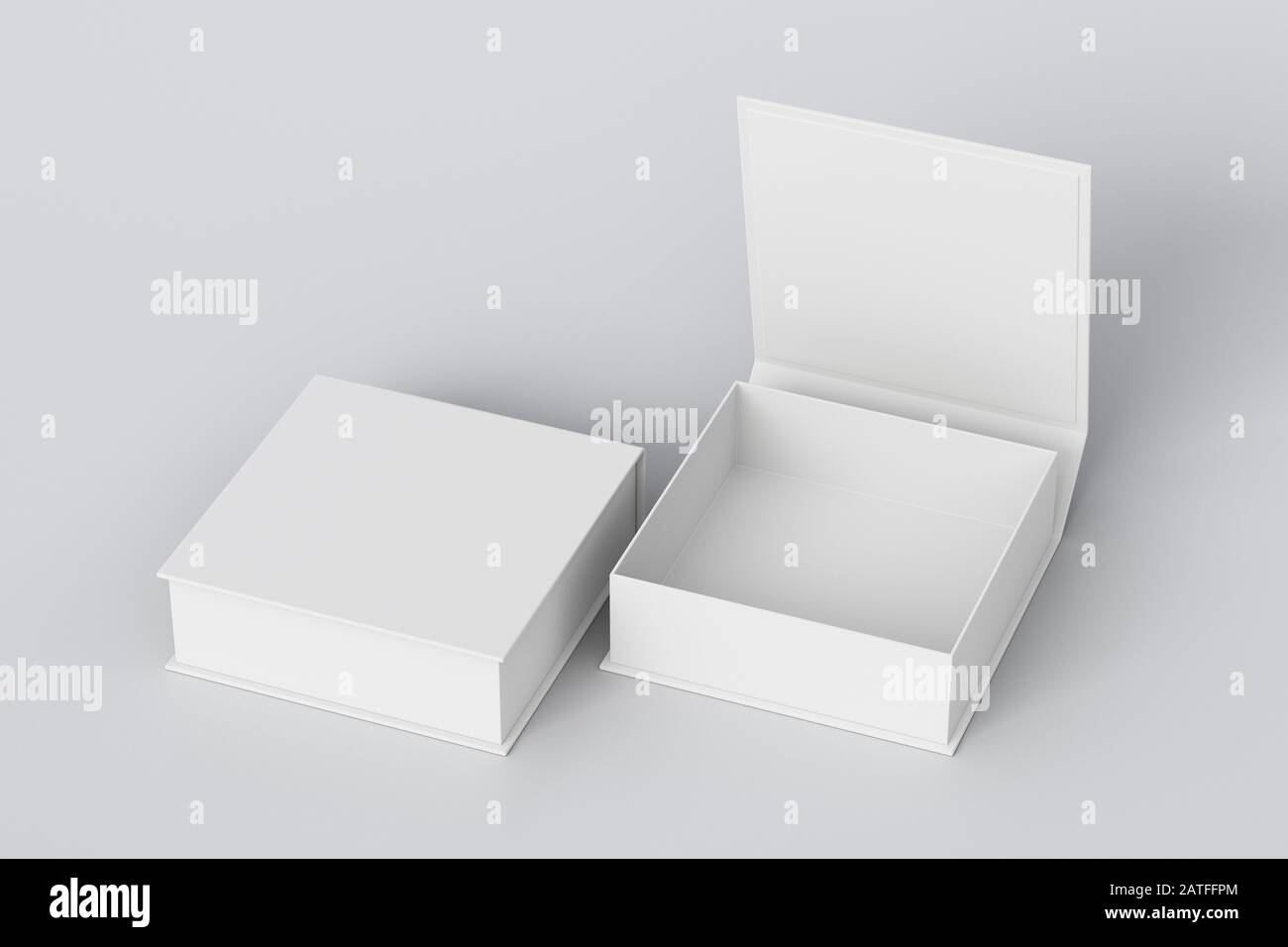 Blank white flat square gift box with open and closed hinged flap lid ...