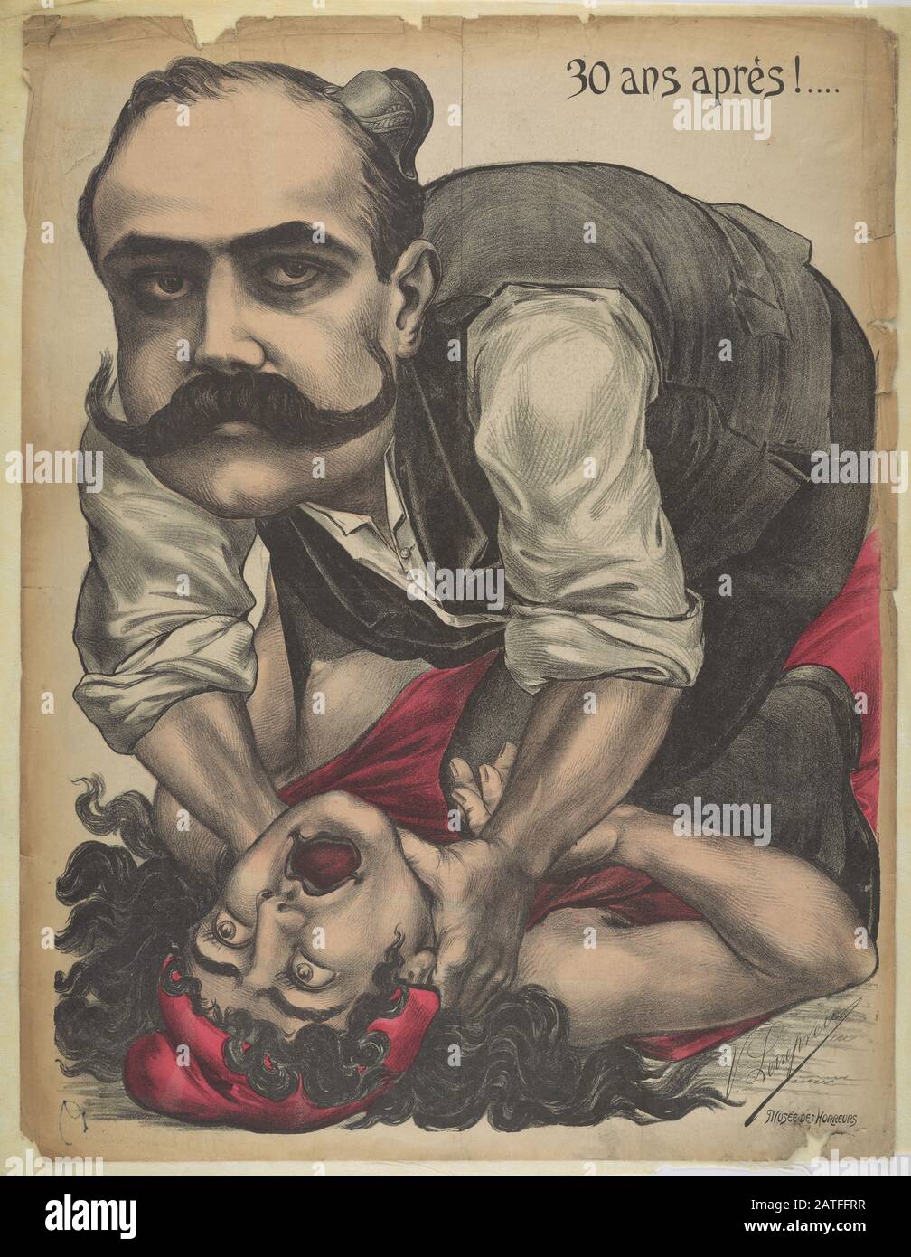 Musée des Horreurs -  30 ans après!...  -  1899  -  Lenepveu, V.  -  Caricature of Alfred Dreyfus (1859-1936) strangling Marianne, the personification of France. This is an unnumbered caricature in the Musée des Horreurs series. Hand colored. Stock Photo