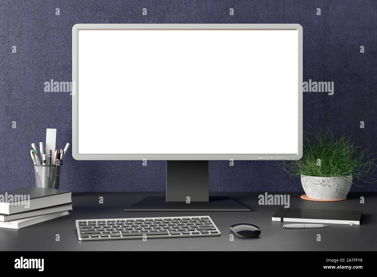 Workspace with blank computer monitor white screen mock up on the dark desk near blue wall. monitor; screen; computer; mock up; Stock Photo