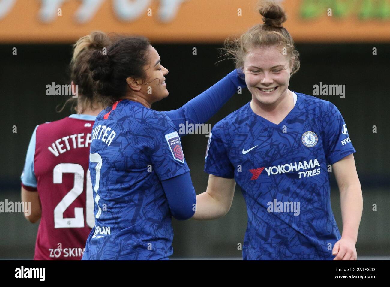 KINGSTON ON THAMES, LONDON - FEBRUARY 2ND Jess Carter of Chelsea Women and Emily Murphy of Chelsea Women during the Barclays FA Women's Super League match between Chelsea and West Ham United at the Kingsmeadow, Kingston on Thames on Sunday 2nd February 2020. (Credit: Jacques Feeney | MI News) Photograph may only be used for newspaper and/or magazine editorial purposes, license required for commercial use Credit: MI News & Sport /Alamy Live News Stock Photo