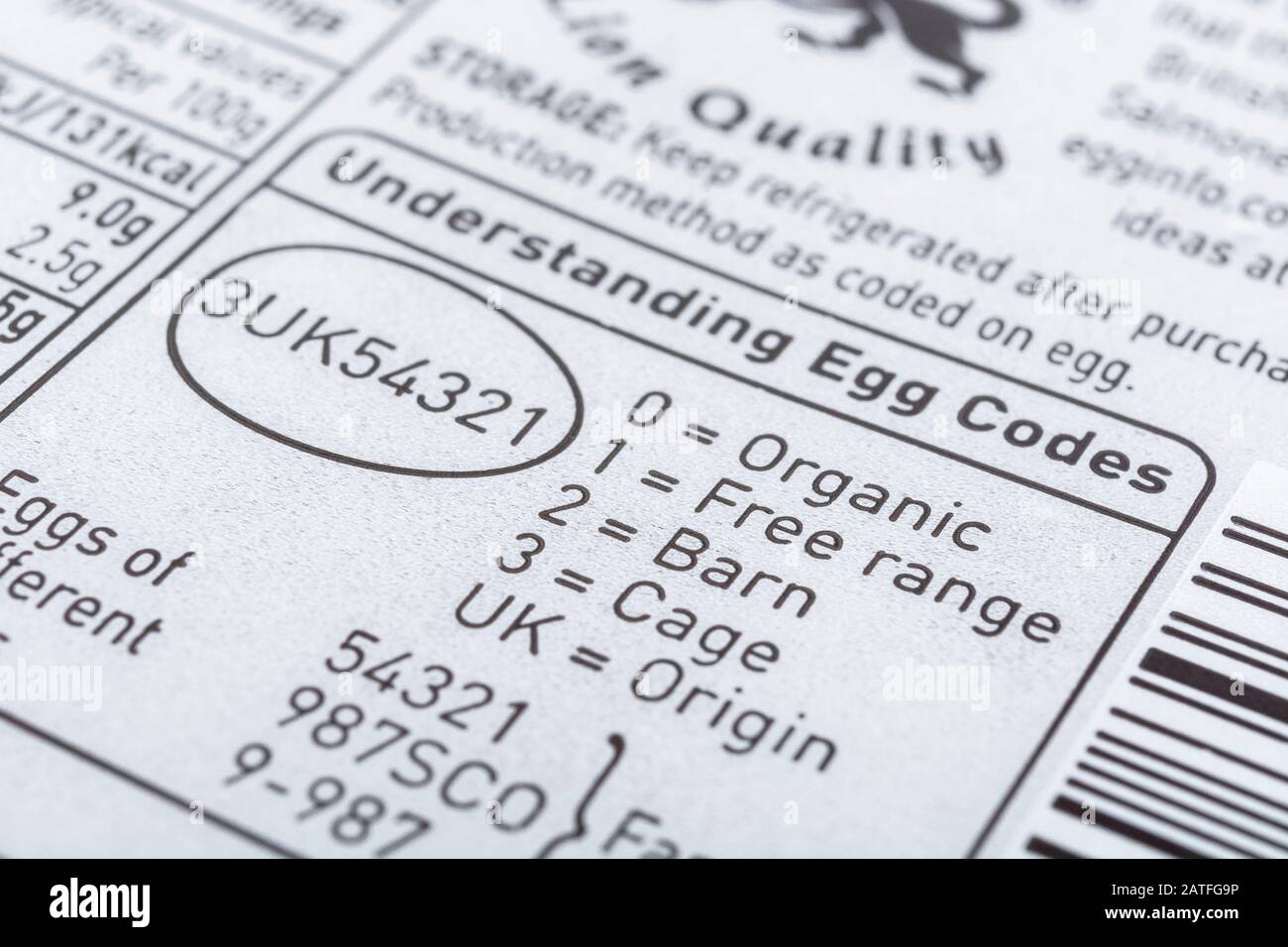 Close up food label on egg box from ASDA explaining UK Egg Codes. Shallow DoF macro - see additional notes. Food packaging, nutrition labels. Stock Photo