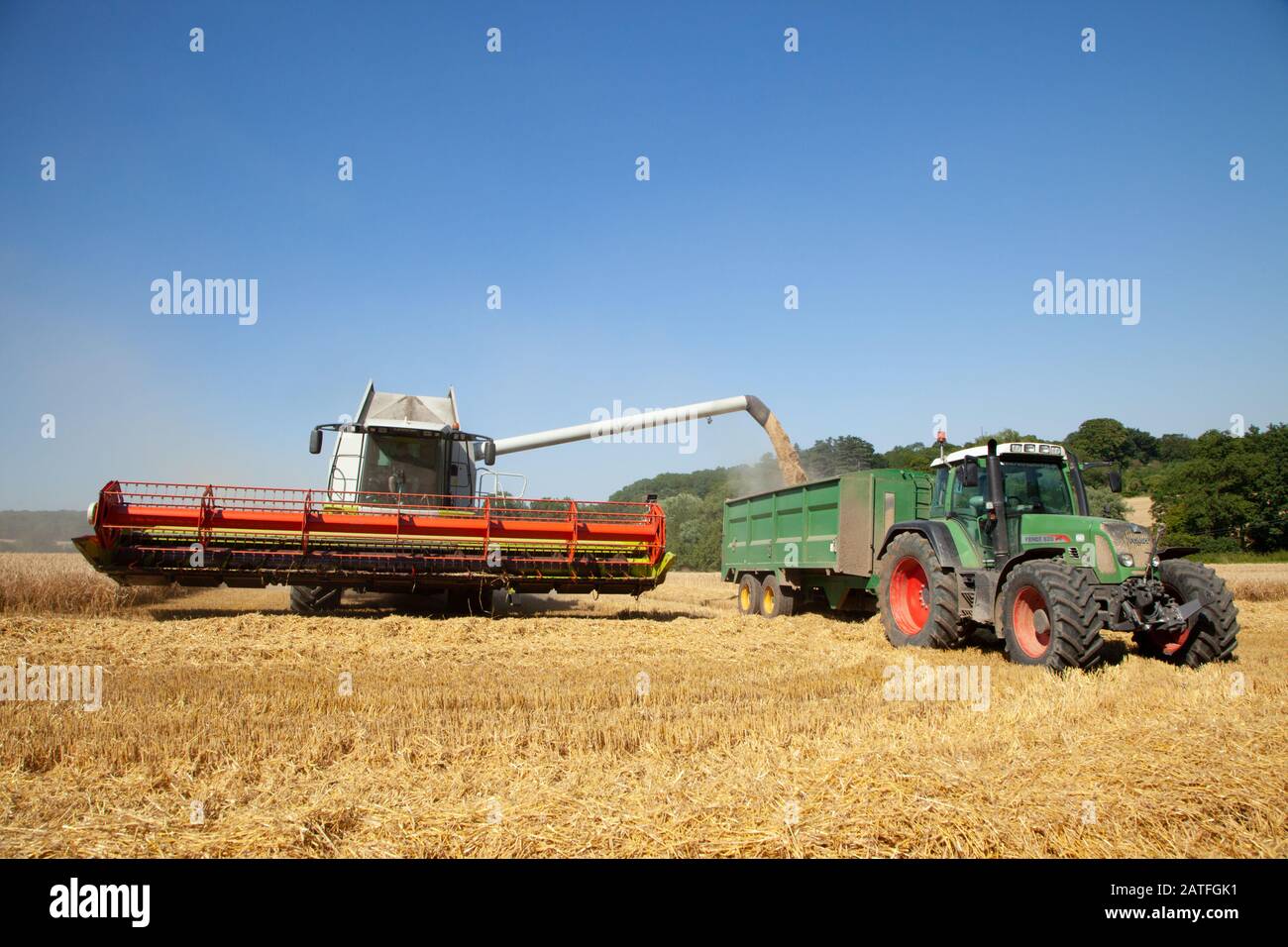 Combine Harvester and tractor together harvesting on a summers day