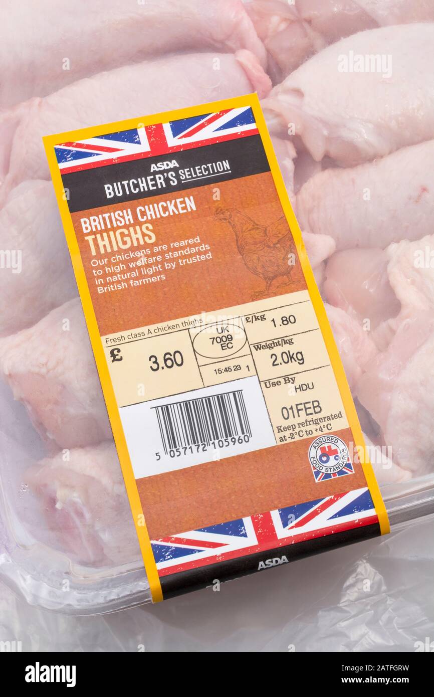 Plastic film wrapped ASDA chicken thighs with Union Jack graphic ...