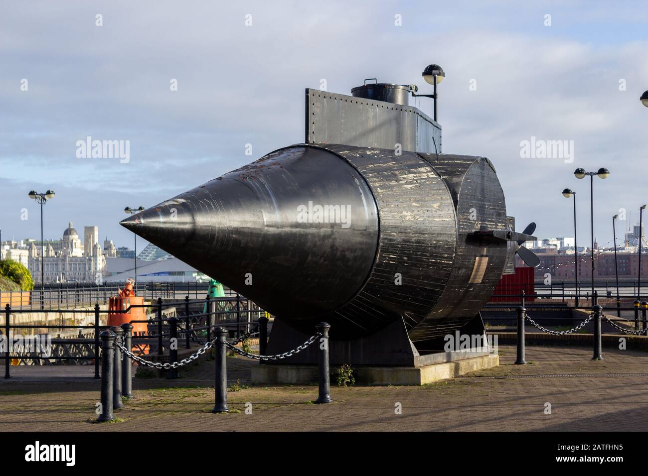 Resurgam, model of the 1879 submarine by Reverend George Garrett, outside Woodside ferry terminal, Birkenhead Stock Photo