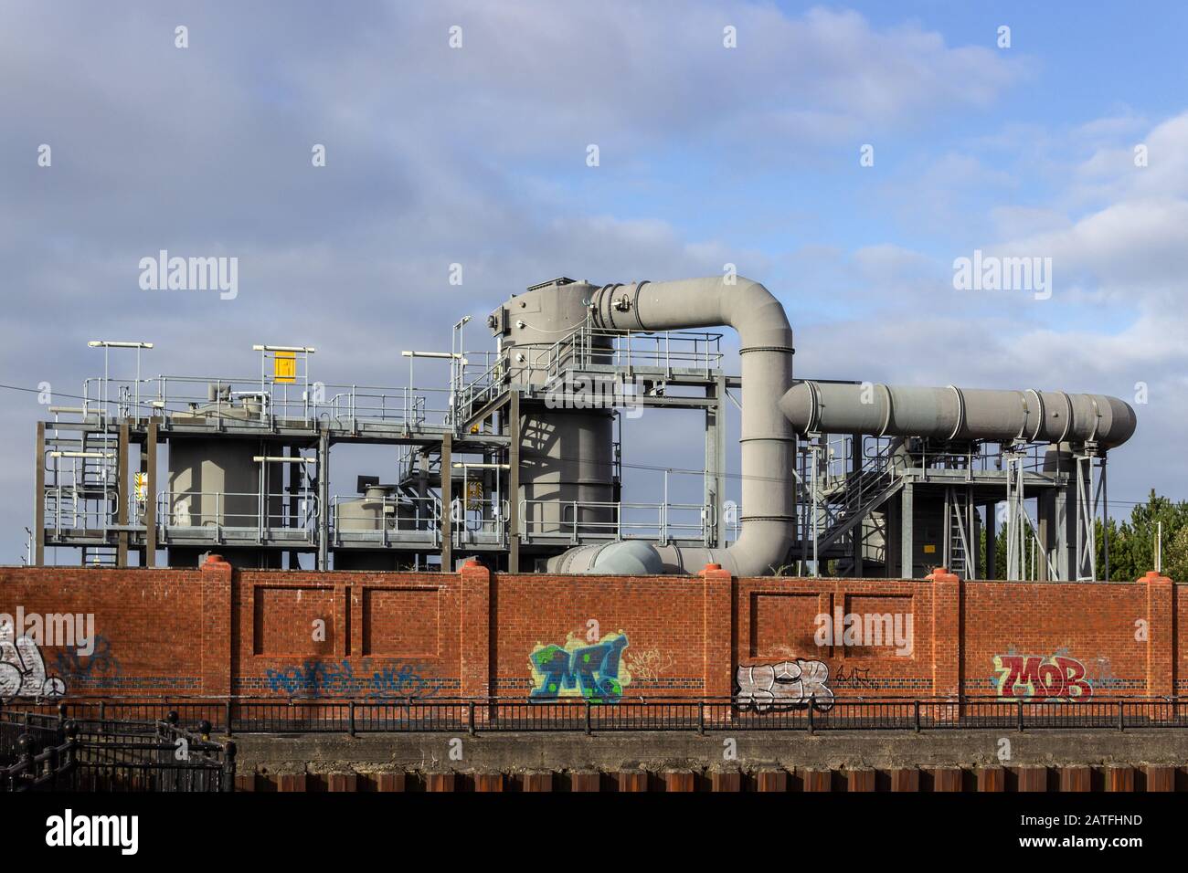 Wastewater treatment plant pipes by Morpeth dock, Birkenhead Stock Photo